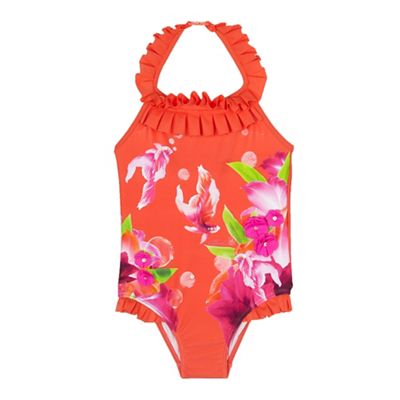 Girls' coral underwater floral print halter neck swimsuit